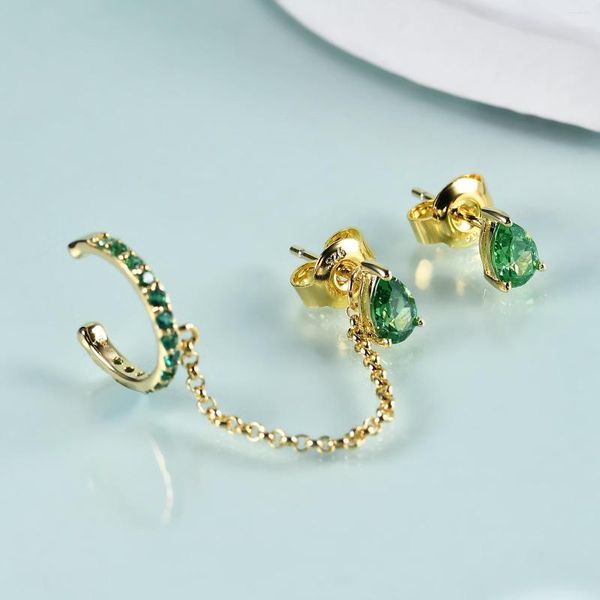 Boucles d'oreilles GEM'S BEAUTY 14K Gold Filled Sterling Silver Ear Cuff Dark Emerald CZ Longue Chaîne Pour Femmes Bijoux De Mariage