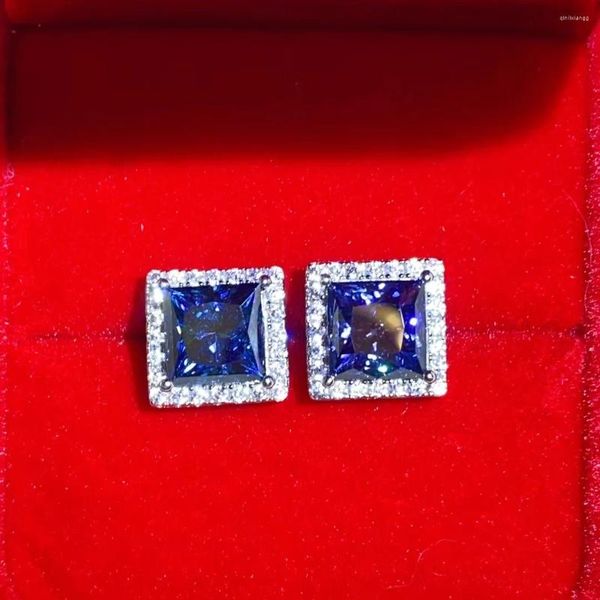 Pendientes de tuerca Gema Azul Princesa Cuadrado Moissanite Diamantes Pendiente Mujer Joyería Corte brillante 925 Plata Novios Comprometidos Regalo