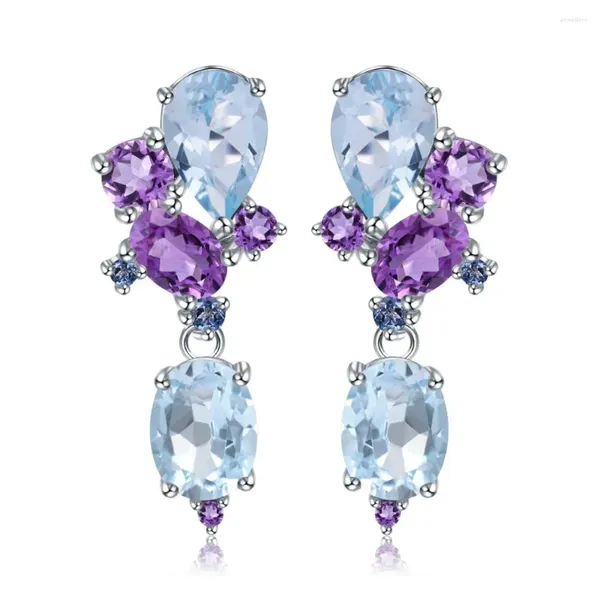 Pendientes de tuerca GEM'S BALLET Plata de Ley 925 Topacio azul Natural amatista caramelo para mujer joyería de boda romántica