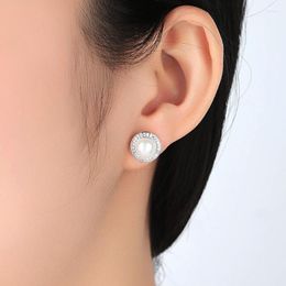 Stud-oorbellen echte 7-7,5 mm natuurlijke schoonheid ronde witte parel zirconia stenen brincos vrouwen 925 sterling zilveren sieraden