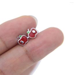 Stud Oorbellen Echt 925 Sterling Zilver Kerstcadeau Tiny Cute Apple Charm Red Studs Young Girl Minimalist Earring