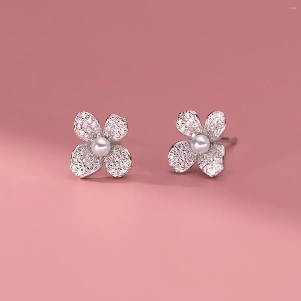 Pendientes de tuerca de Plata de Ley 925 auténtica, delicada flor de perla, circonita brillante pavimentada, joyería hipoalergénica, regalos para mujer