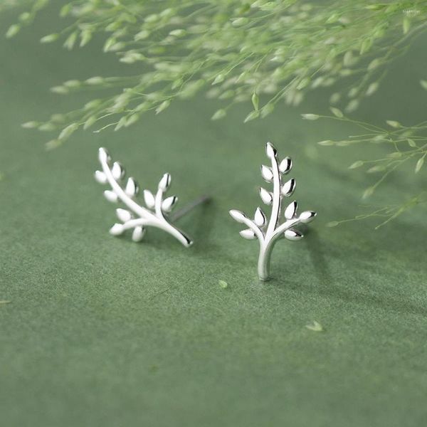 Boucles d'oreilles à tige en argent sterling 925 véritable avec branches simples et feuilles de plantes pour femmes et filles