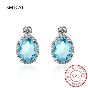 Boucles d'oreilles goujon authentique topaze bleu naturel 925 Ovale en argent sterling pour les femmes bijoux de pierres précieuses