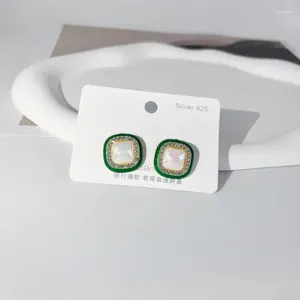 Pendientes de tachuelas Geométricas Green Square for Women Girl S925 Silver Needle Earring Elegante Boda Vintage Joyería Regalo