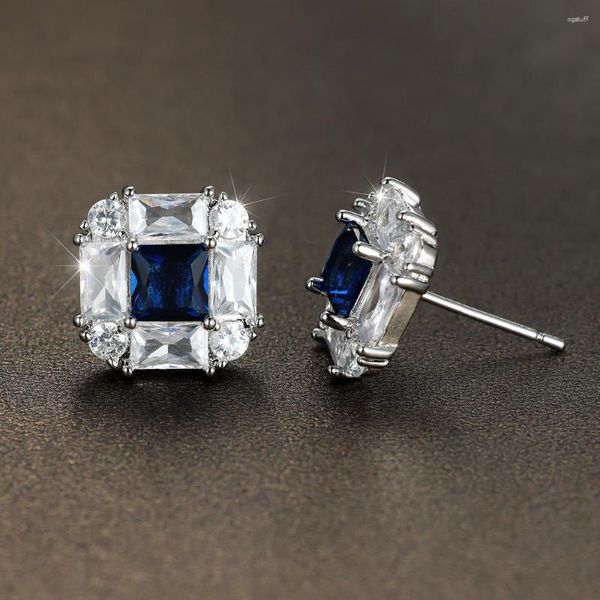 Pendientes de tuerca geométricos cuadrados de piedra azul real para mujer, Color plateado, Metal, circonita blanca, pendientes de boda, joyería de compromiso