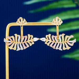 Boucles d'oreilles GODKI luxe 3 tons plume feuille pour les femmes mariage cubique Zircon cristal africain dubaï mariée boucle d'oreille goutte