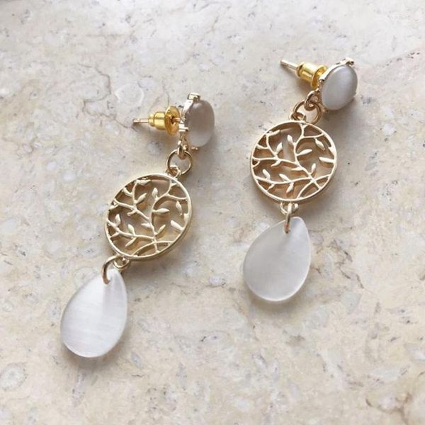 Boucles D'oreilles Or Couleur Feuille Réseau Rond De Mode Opale Pierre Bijoux Brincos En Gros Pour Femmes Fille