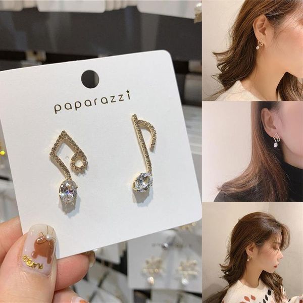 Boucles d'oreilles couleur or Notes de musique brillant strass ventilateurs musicaux asymétriques pour les femmes bijoux de mode