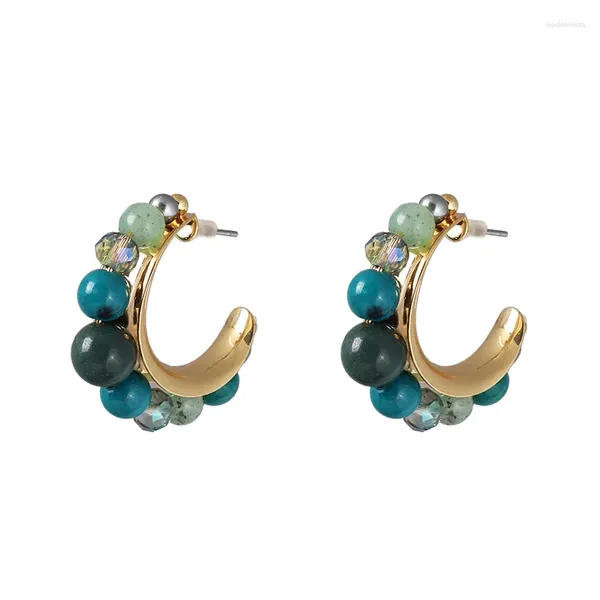 Boucles d'oreilles plaquées or en forme de C, demi-cercle, perles de cristal vert, bijoux de luxe élégants pour femmes