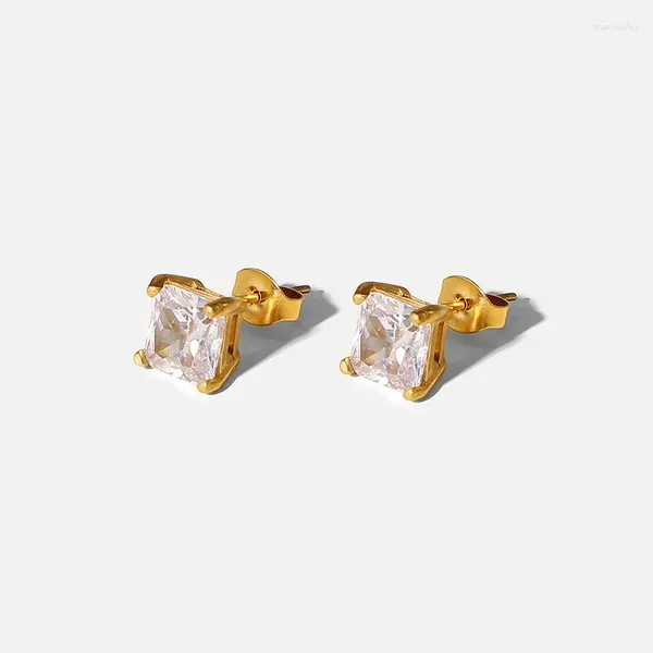 Pendientes de tuerca de acero inoxidable chapado en oro para mujer, exquisita joyería colorida con circonita cúbica