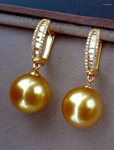 Boucles d'oreilles à tige avec pendentif en perles rondes en or de la mer de Chine méridionale, magnifiques 10-11mm, 925s