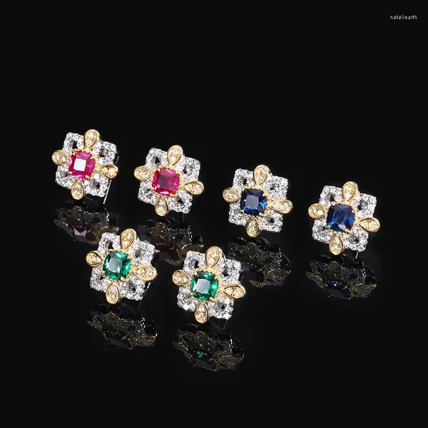 Boucles d'oreilles magnifiques 4 4mm Lab créé Ruby Emerald Sapphire Flower pour les femmes 925 Sterling Silver Piercing Cadeau de fête des mères