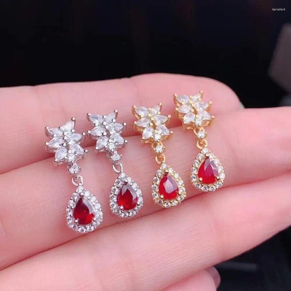 Boucles d'oreilles magnifiques et élégantes pour femmes, rubis naturel rouge, bijoux fins en argent, goutte d'eau, couleur dorée, cadeau de fête