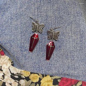 Boucles d'oreilles gothiques papillon, pendentif cercueil rouge foncé, esthétique Egirl, accessoire Cool pour femmes Halloween