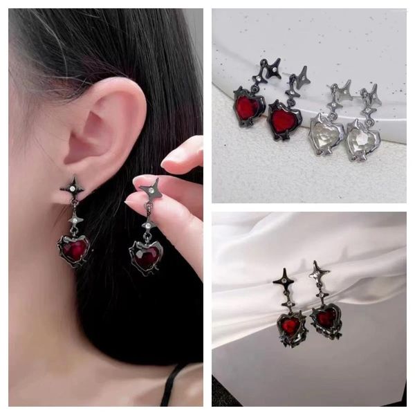 Pendientes de tuerca Goth Liquid Heart Cross Star Colgante Y2K Red Zircon Love Dangle Pendiente Gótico Irregular Estética Borla