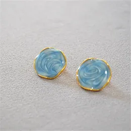 Stud Earrings Graceful Starry Sky Flower For Women Female Vast Ocean Enamel Glaze Blue Round Wave Handmade Jewelry Brinco