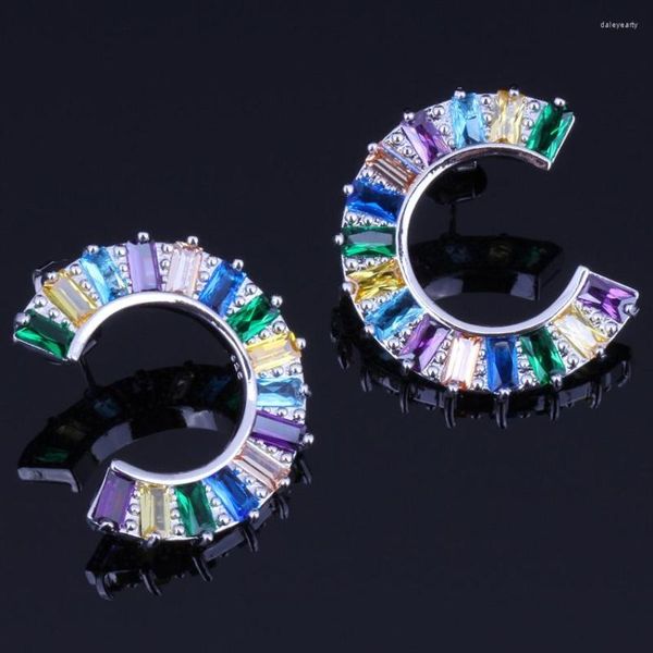 Aretes Graciosos Forma de Media Luna Multi-Gema Multicolor Zirconia Cúbica Plateada V0183