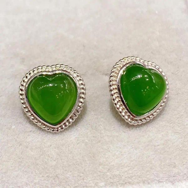 Pendientes de tuerca Grado A Jade VERDE corazón de amor Plata de Ley 925 Hetian Jades nefrita pendientes mujeres joyería fina Accesorios