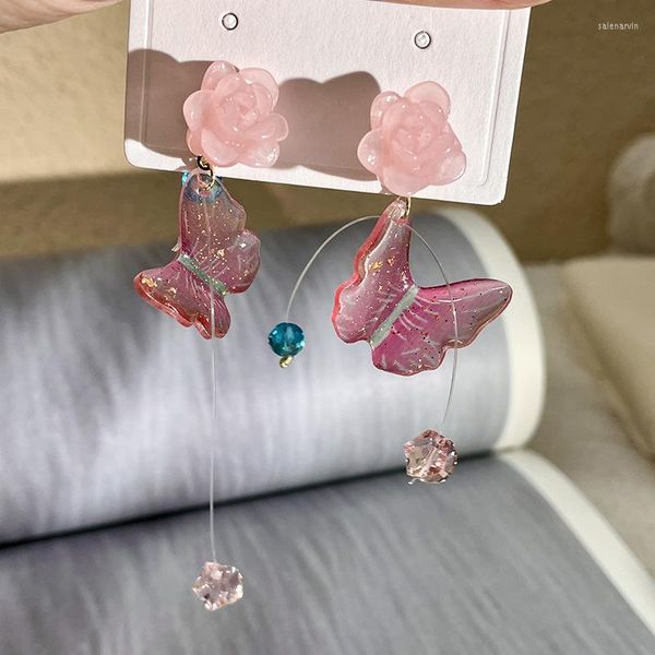 Pendientes de tuerca gradiente mariposa rosa borla geométrica mujer dulce fresco colgante diseño único femenino exagerado