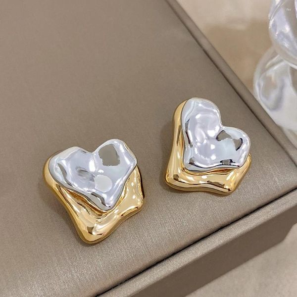 Pendientes de tuerca Greatera, diseño único, gota de agua de corazón Irregular de dos tonos para mujer, joyería de Metal de Color dorado y plateado