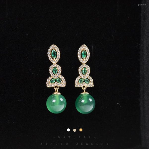 Boucles d'oreilles en agate verte plaquée or 18 carats pour femmes et filles, 1 paire de bijoux de style chinois