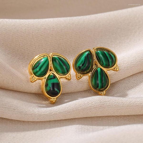 Pendientes de tuerca de piedra Natural verde, trébol de la suerte para mujer, joyería de fiesta, Color dorado, acero inoxidable, regalos para mamá