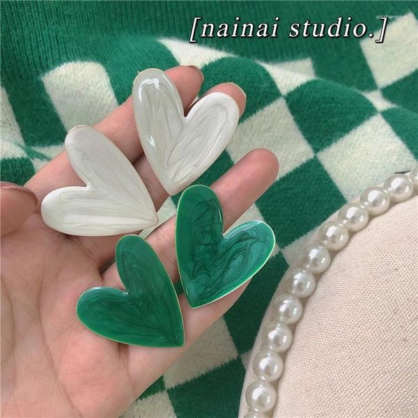 Pendientes de semental White Green Big Love Heart for Women 2024 Tendencia coreana elegante retro colorido colorido chicas joyas accesorios