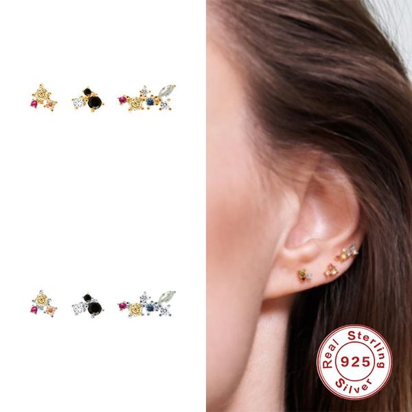 Boucles d'oreilles GS 925 en argent Sterling coloré trois Zircon pour les femmes Simple Piercing Ohrringe Pendientes bijoux fins 3 pièces/ensemble