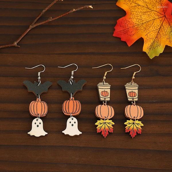 Pendientes de tuerca para Halloween, fantasma, calabaza, murciélago, colgantes, vacaciones, gota de madera, joyería para mujer, accesorios de moda