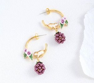 Boucles d'oreilles à tige peintes à la main émail glaçure mignon campagnol hamster violet perle framboise feuillu bijoux pour femmes