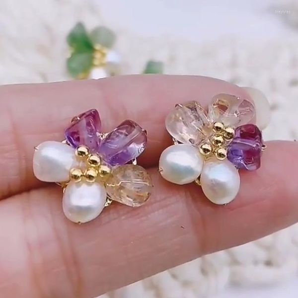 Orecchini a bottone realizzati a mano con pietre di giada naturale gioielli perle barocche argento 925 fiori dolci con ago per regalo da donna