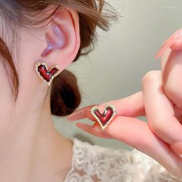Серьги-гвоздики HANGZHI 2023, корейская мода, металлическая геометрическая мозаика, кристалл сердца для женщин, нежные маленькие красные украшения, подарок