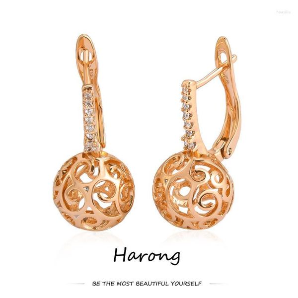 Pendientes Harong de lujo con incrustaciones de bolas huecas de cristal brillante, Metal de cobre chapado en oro, joyería de regalo de boda a la moda para mujer