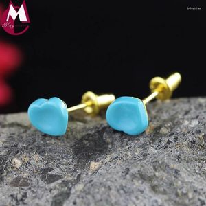 Boucles d'oreilles Stud Coeur Round Turquoise Design véritable argent sterling 925 bijoux oreille Piercing Accessoires Gold Couleur Femme Fille