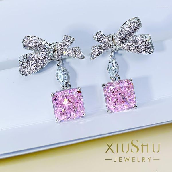 Boucles d'oreilles à tige industrie lourde 5 carats fleur de cerisier rose diamant carré noeud noeud 925 boucles d'oreille en argent