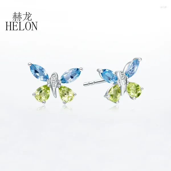Pendientes de sementales Helon Genuine Blue Topaz Peridot Solid 18k 14K 10K Gold de oro blanco Diamantes naturales Joyas de mariposa