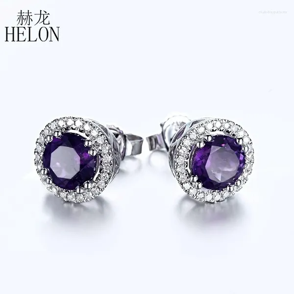 Boucles d'oreilles HELON Round 6 mm Amethyste Natural solide 14k 10k Gol blanc Real Diamonds Engagement pour femmes Fine bijoux