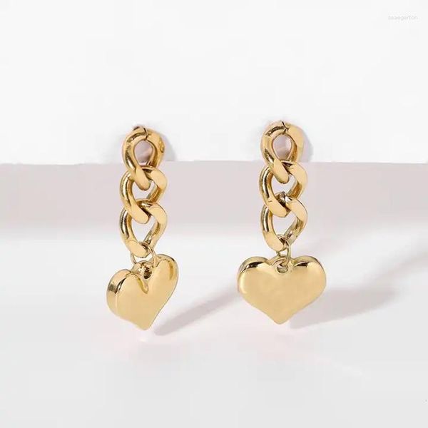 Pendientes de tachuelas de alta calidad 14K Gold Acero inoxidable Cadena Cubana Heart Love Colgante para mujeres Post Lineal Drop