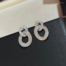 Pendientes de tuerca de plata de ley 925 de alta calidad con incrustaciones exquisitas de doble óvalo y diamantes completos para mujer, joyería de buenos de lujo