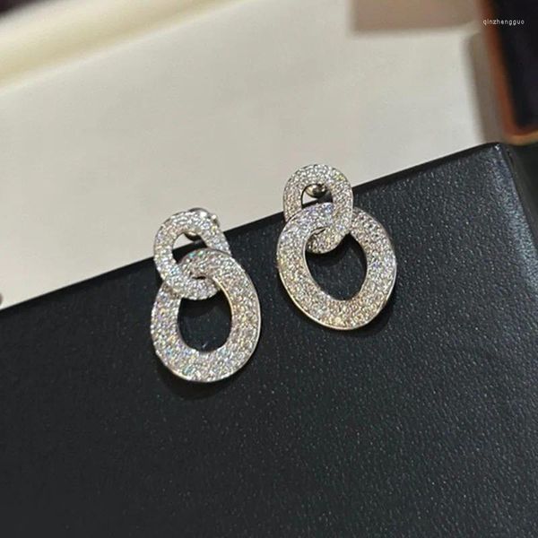 Boucles d'oreilles en argent Sterling 925 de haute qualité, incrusté de manière exquise, Double ovale, plein de diamants, pour femmes, bijoux fins de luxe