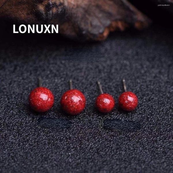 Boucles d'oreilles de clou de haute qualité réelle 925 Siltling Silver Natural Stone Cinnabar Perles Lucky Women Retro Boho Fine Jewelry Gift 6/8mm