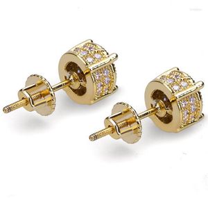 Pendientes de tuerca Hip Hop de plata de ley 925 de oro amarillo de 14 quilates con pavé cuadrado redondo de diamantes de imitación para boda para hombres y mujeres, regalo de joyería