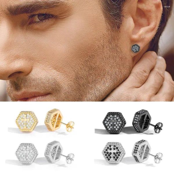 Pendientes de tuerca Hiphop Rock Punk Cruz para hombres Iced Out CZ Zirconia tornillo trasero Piercing pendiente rapero Homme regalo joyería de moda