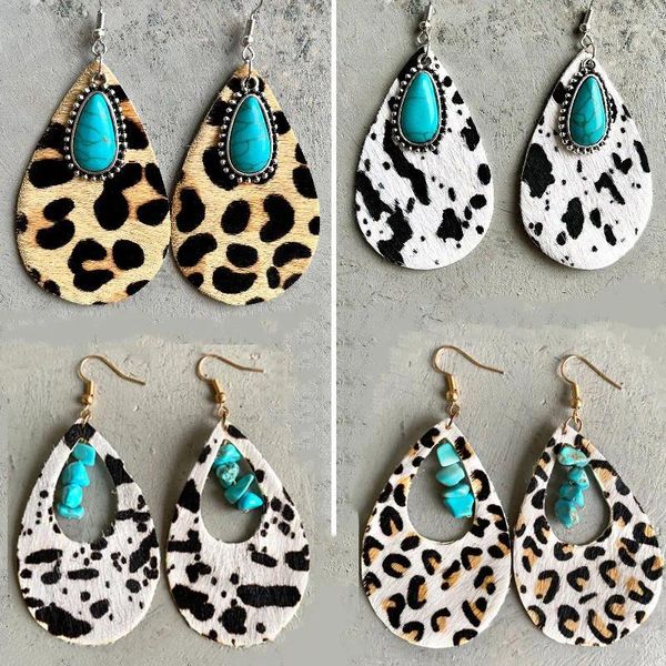 Boucles d'oreilles à tige en crin de cheval, cuir léopard turquoise, style campagnard bohème, légères, pendantes pour femmes