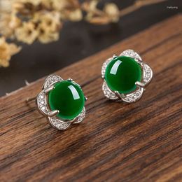 Pendientes de tuerca HOYON 925 Color plateado flor literaria Retro Calcedonia Verde mujer elegante ciruela joyería de circón de diamante completo