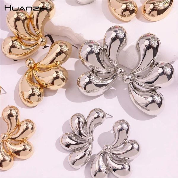 Boucles d'oreilles étalon Huanzhi Géométrique Drop chute de fleur de fleur d'oreille Gold Couleur de grande fête vintage bijoux quotidien pour les femmes 2024 tendance