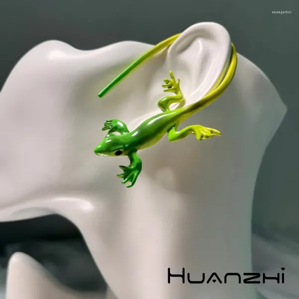 Boucles d'oreilles HUANZHI INES vert lézard crochet d'oreille créatif sans perçage d'oreille forme animale bijoux pour femmes hommes exagéré unisexe