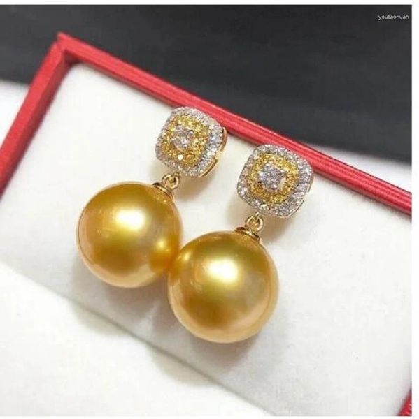 Pendientes de tachuelas enormes 10-11 mm Real South Sea Round Natural Golden Pearl Pearring 925s ...
