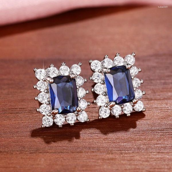 Pendientes de tuerca Huitan elegante Zirconia cúbica azul para mujer buena calidad Color plata nupcial boda regalo joyería